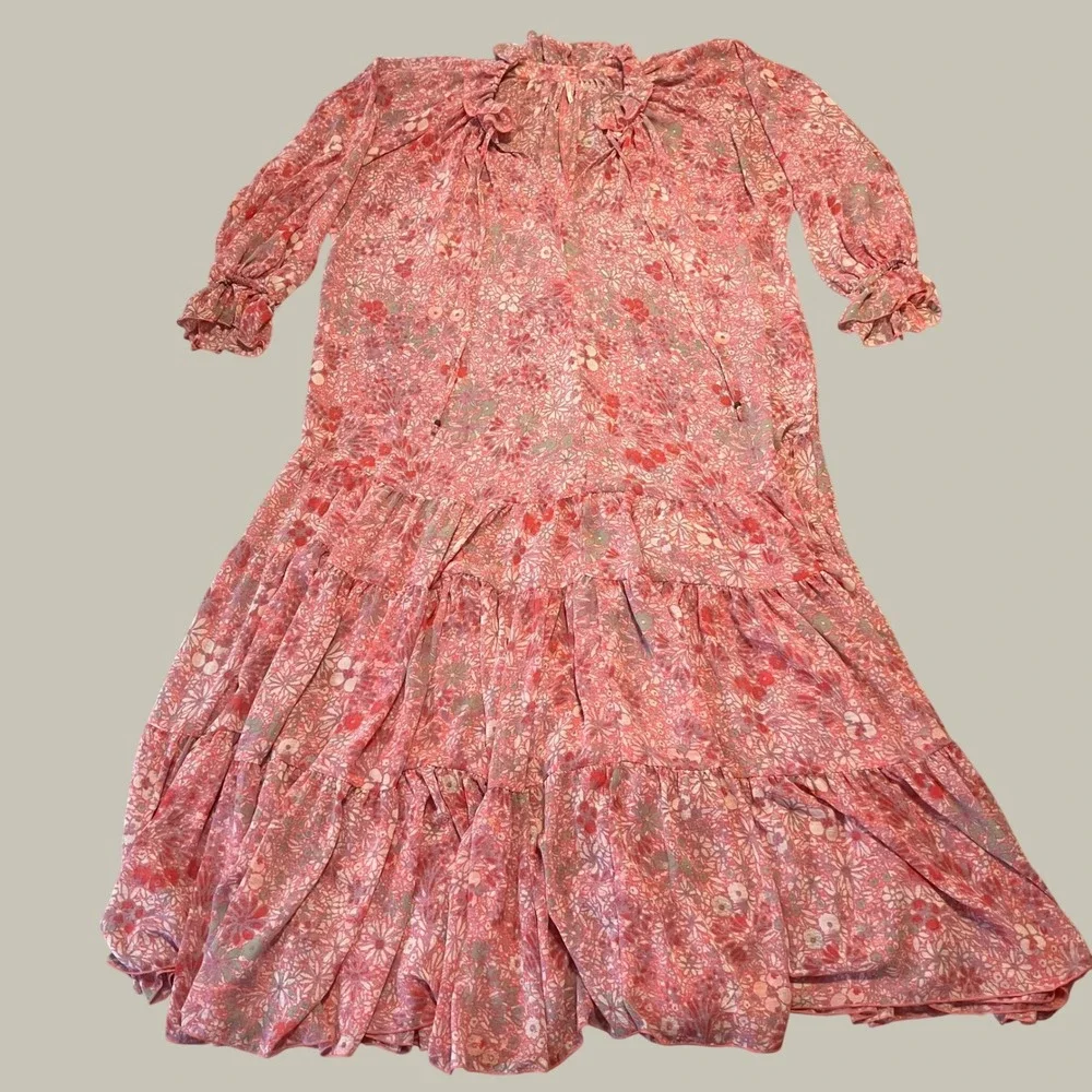 Free People Women's Small Dress Pink Floral Tiered Ruffle Boho Long Sleeve Midi
